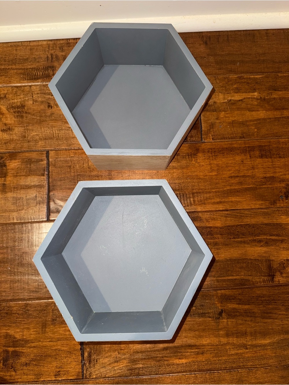 Pair of Wooden Hexagon  shelves Grey Display Shadow Boxes 2